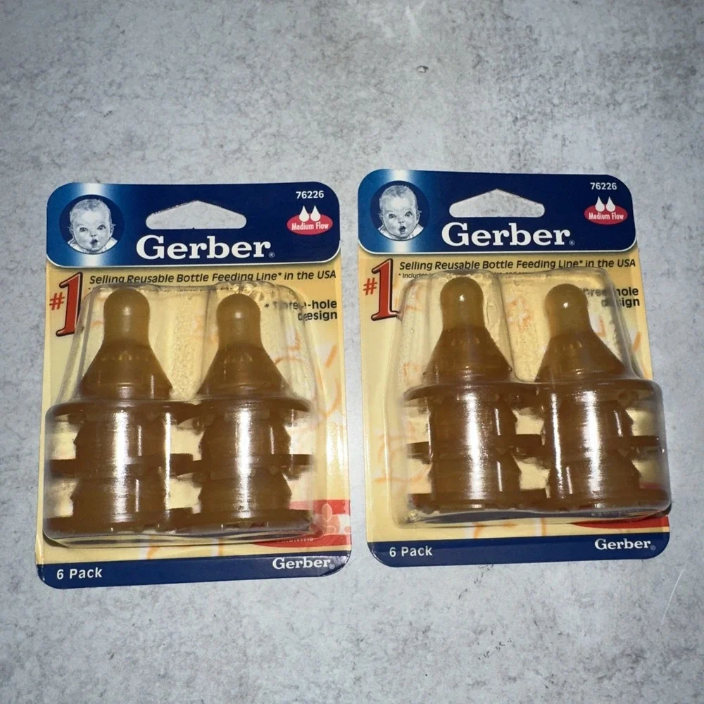 2 Pack Of 6 Gerber Bottle Three Hole Design Nipples Latex Medium Flow Head Up 4m